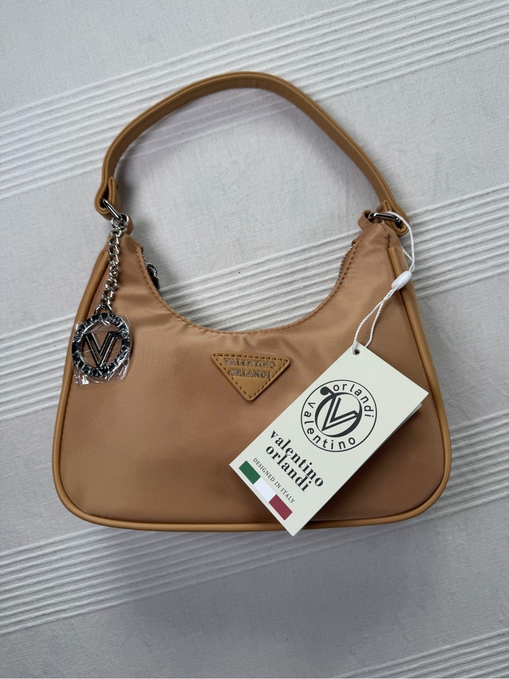 Valentino Orlandi Camel Tan Shoulder Bag with Logo Charm